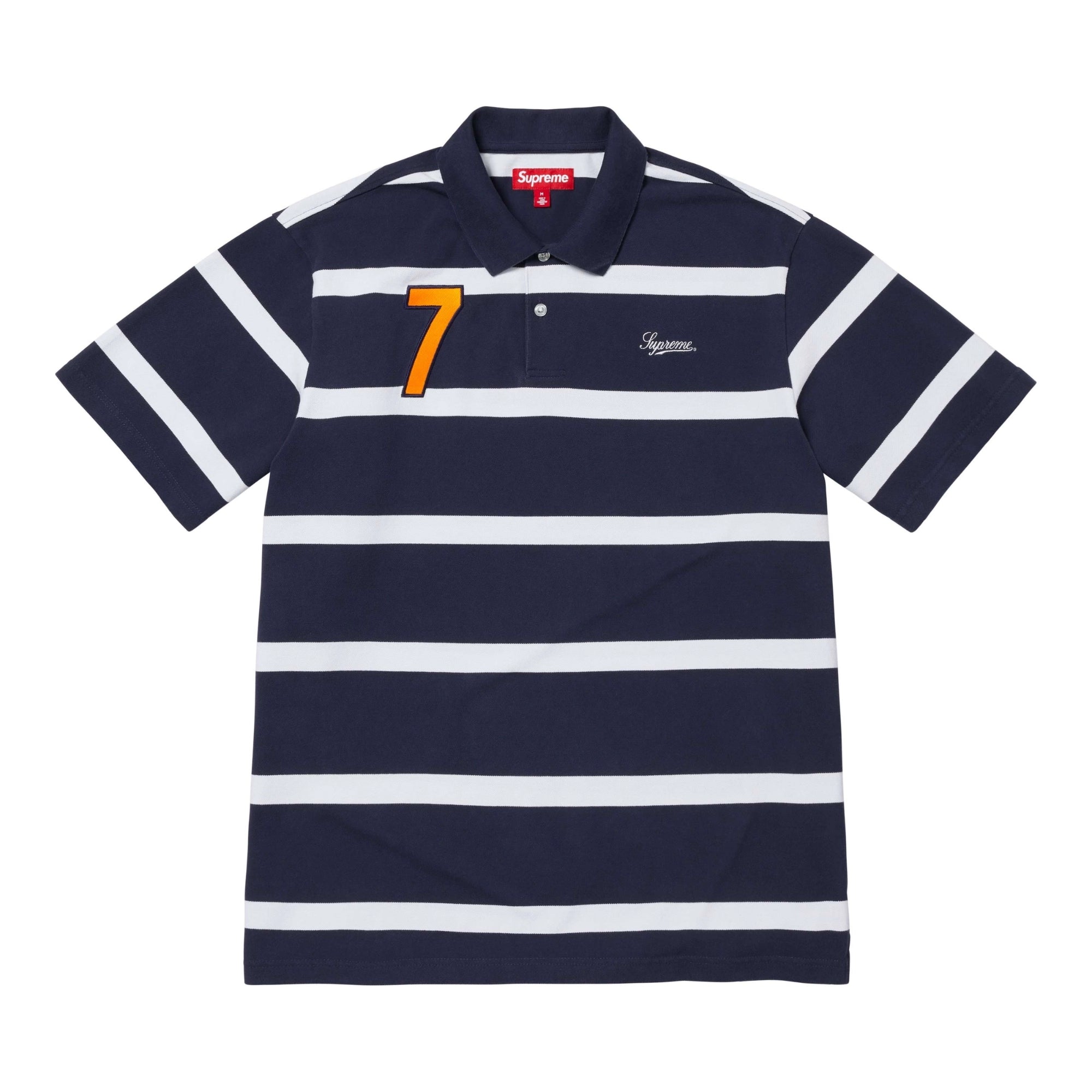 Supreme Cursive Polo Navy Stripe Supreme Cursive Polo Navy Stripe