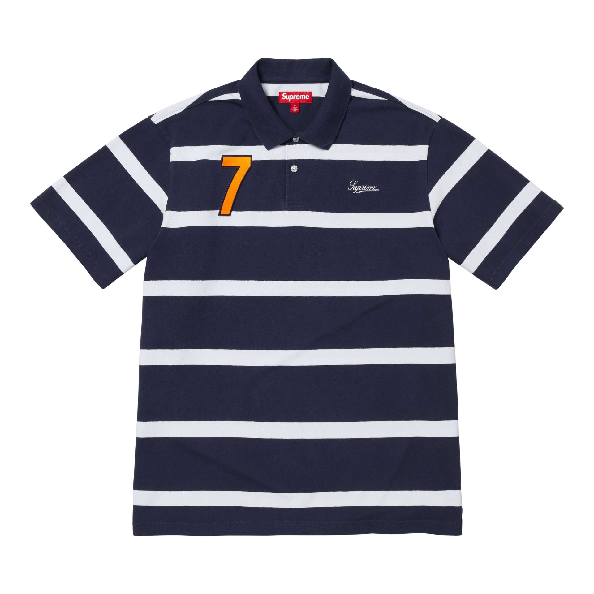 Supreme Cursive Polo Navy Stripe Supreme Cursive Polo Navy Stripe